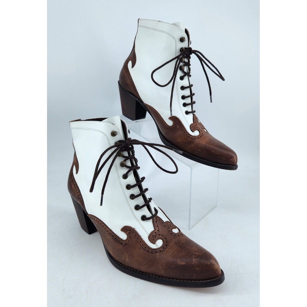 Vintage Guess Lace Up Ankle Boots Womens 8.5 Brown White Leather Wingtip Spain